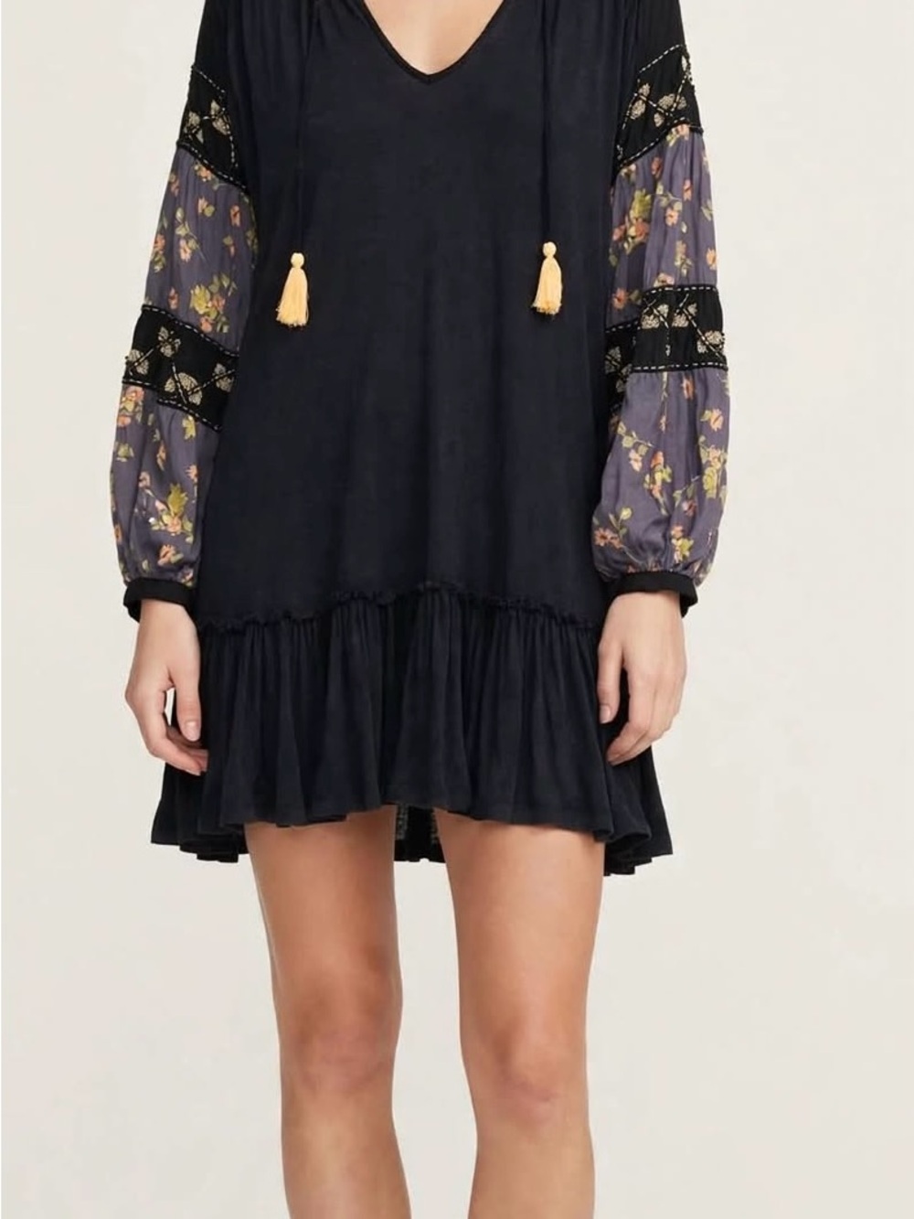 Free People Black Mini Dress with Purple Floral Balloon Sleeves